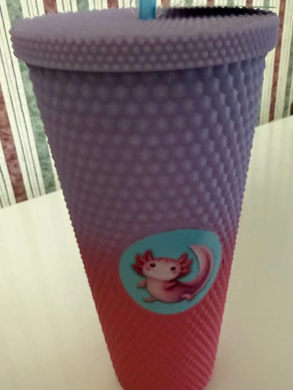 Gradient Pink to Purple Textured Party Tumbler with Axolotl Accent